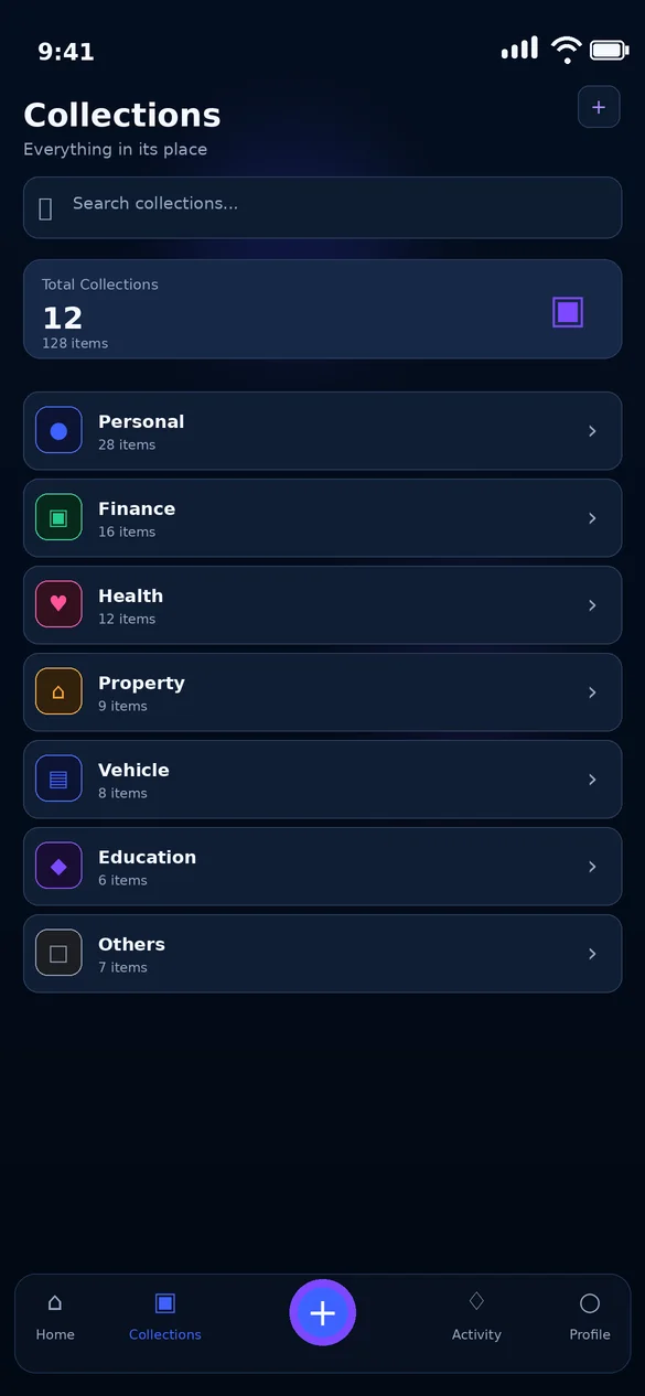 OwnKeep collections for personal, finance, health, property, vehicle, and education records.