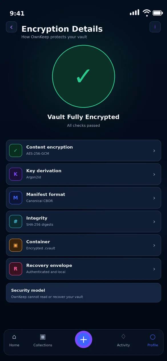 OwnKeep encryption details showing the local vault security model.