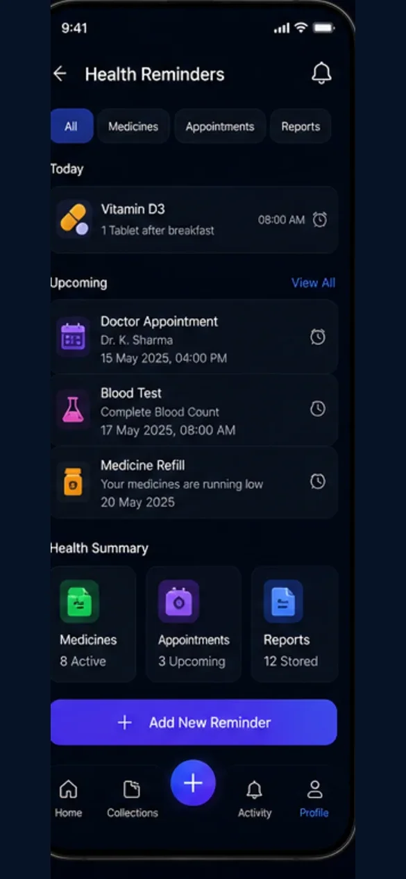OwnKeep health reminders with appointments, reports, and medicine schedules.