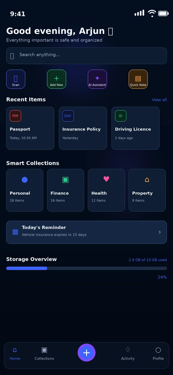 OwnKeep dashboard showing recent items, smart collections, reminders, and storage overview.