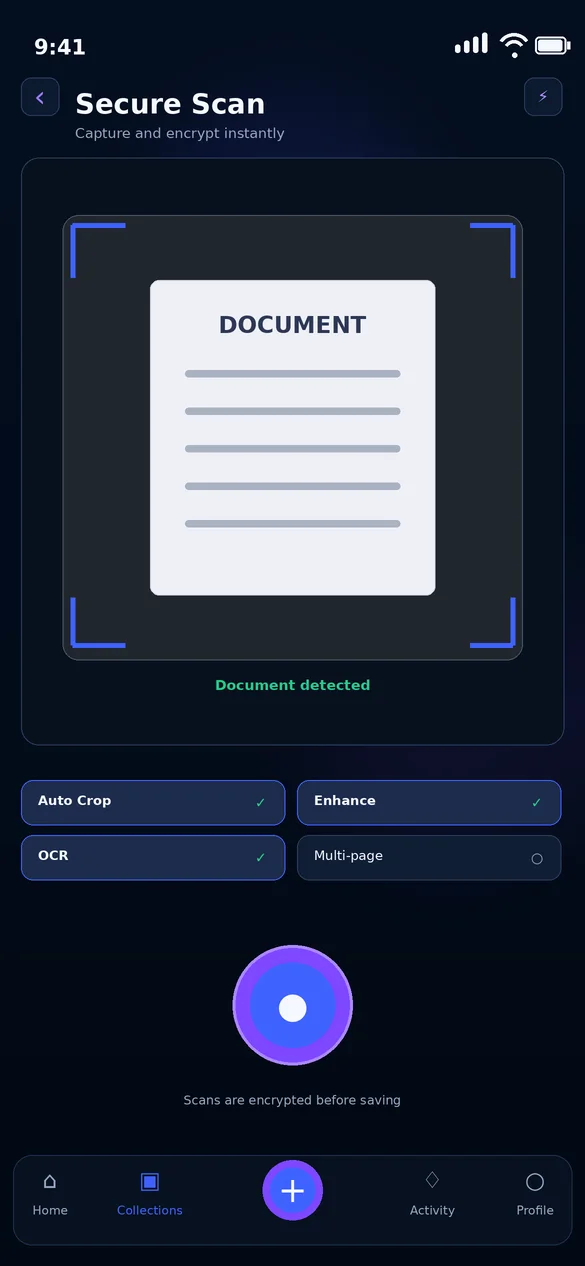 OwnKeep secure document scanning with crop, enhancement, OCR, and multi-page controls.