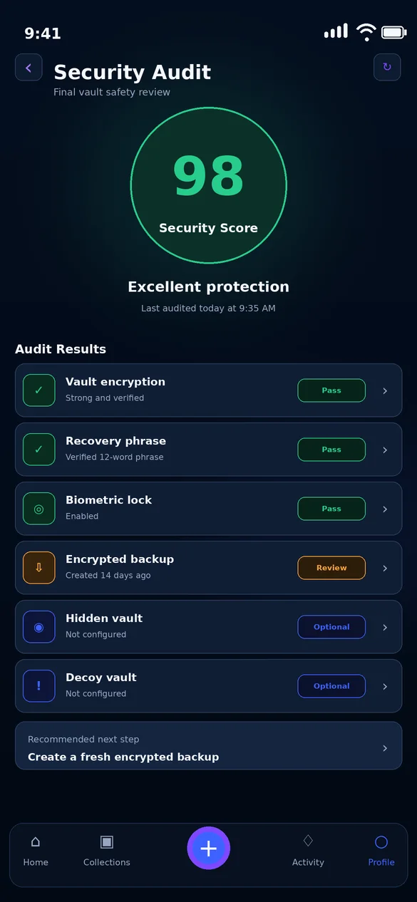 OwnKeep security audit with encryption, recovery, biometric, and backup checks.